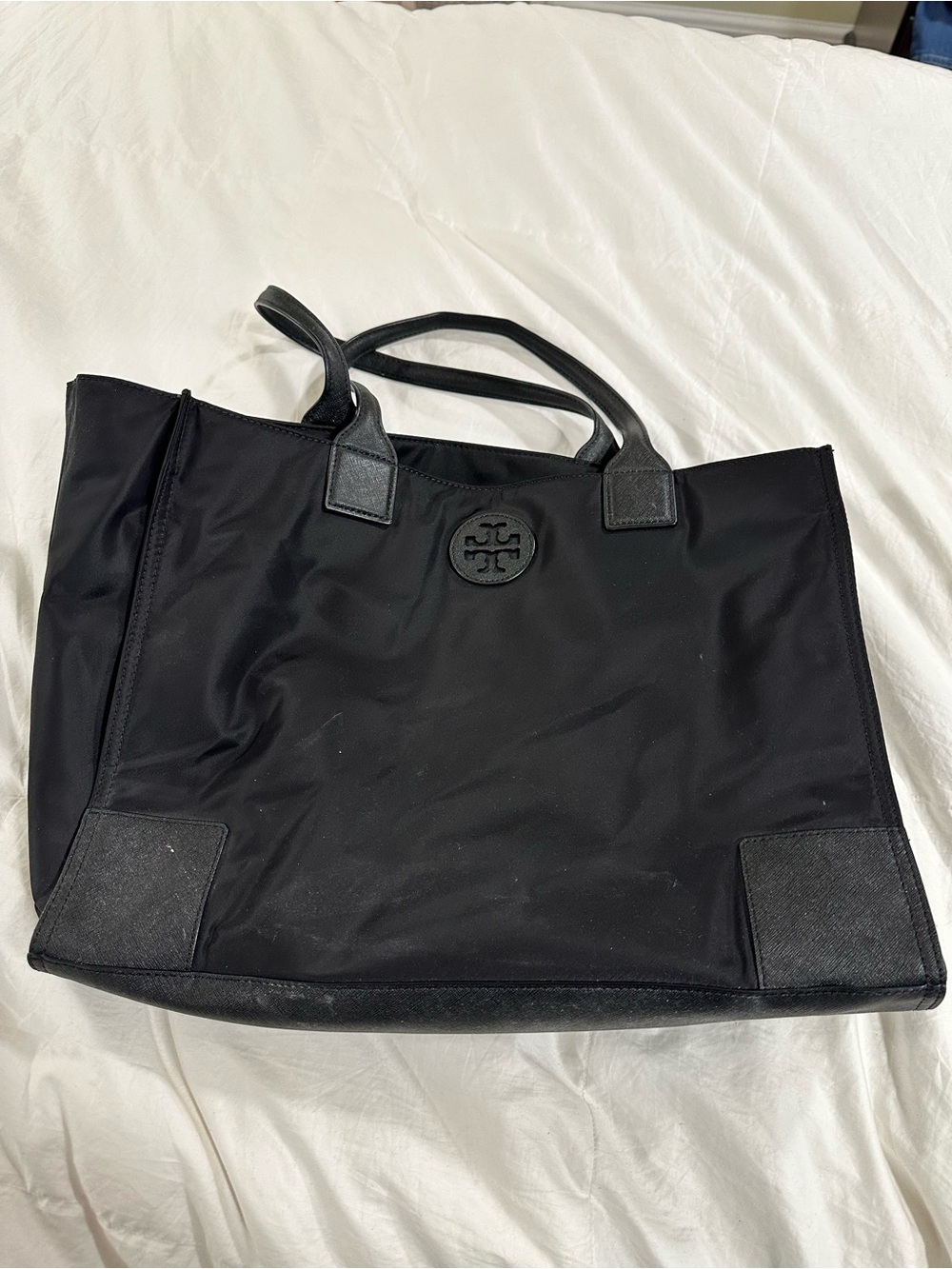 Tory Burch Black Nylon Logo Tote with Leather Trim